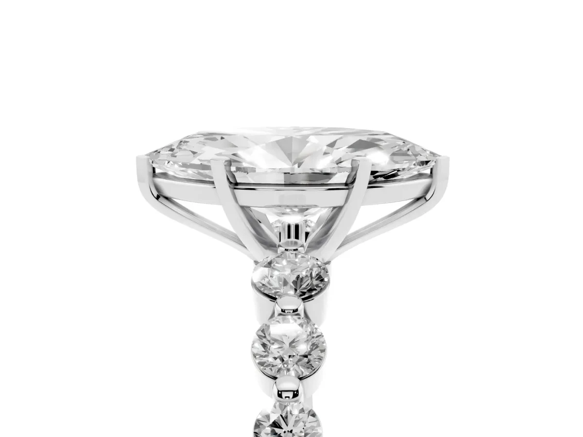Marquise Cut Solitaire Diamond Ring with Pave Band and Four-Prong Setting Silver