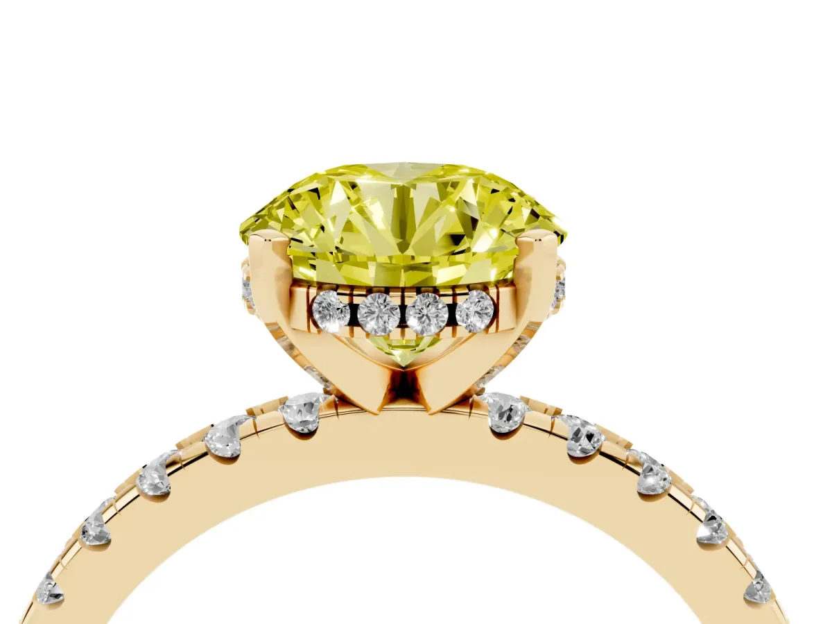 Fancy Yellow Round Cut Diamond Solitaire Ring with Round Pavé Band and Four-Prong Setting Yellow gold