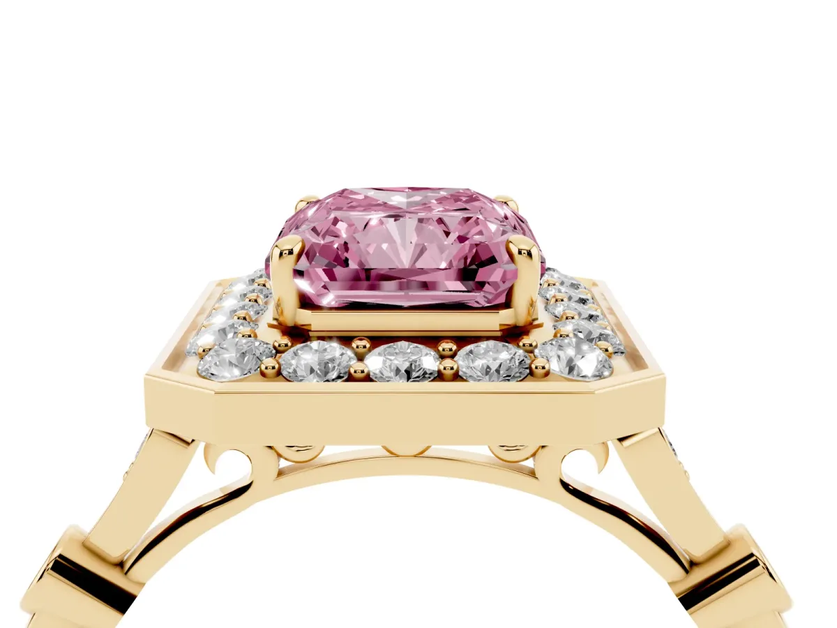 Fancy Pink Radiant Cut Halo Diamond Engagement Ring with Twisted Band and Four-Prong Setting Yellow gold