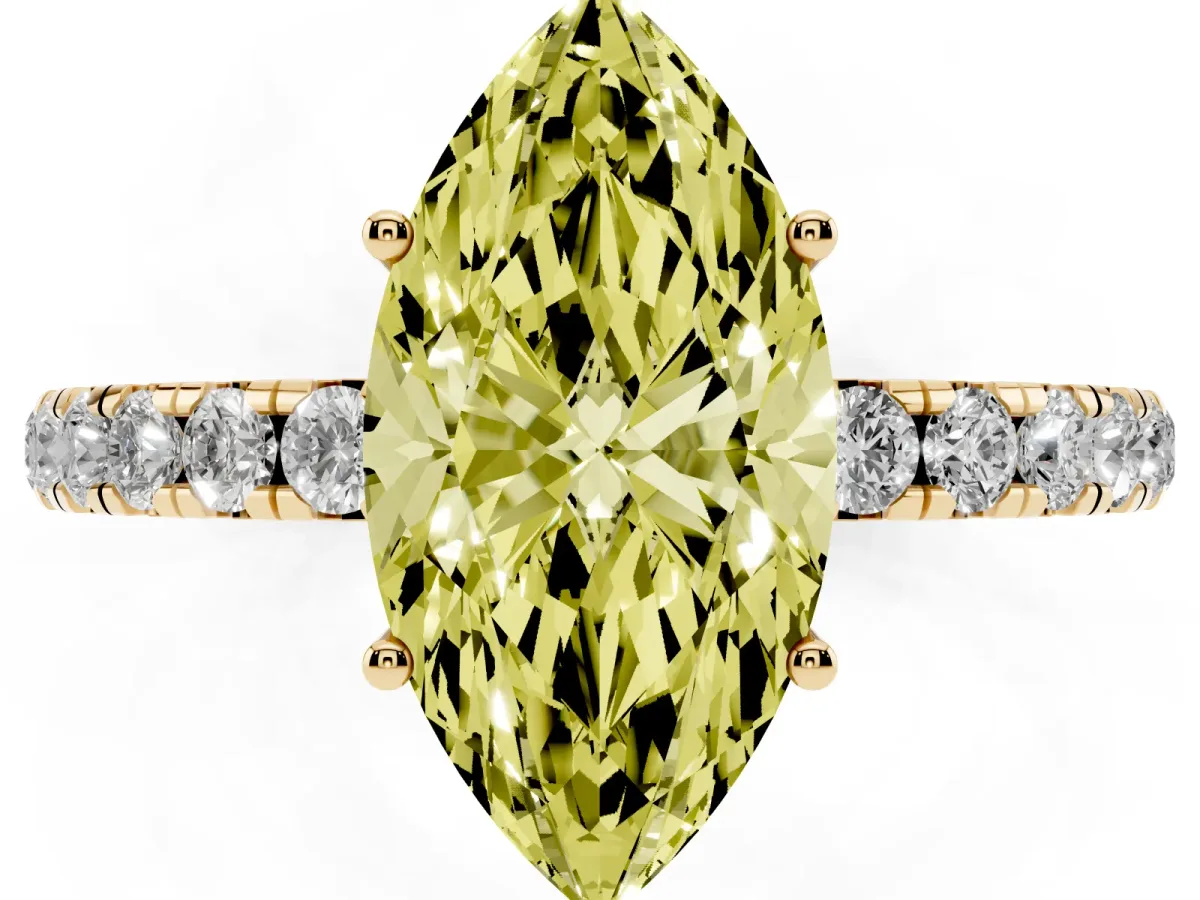 Fancy Yellow Marquise Cut Diamond Pavé Solitaire Engagement Ring with Four-Prong Setting Yellow gold