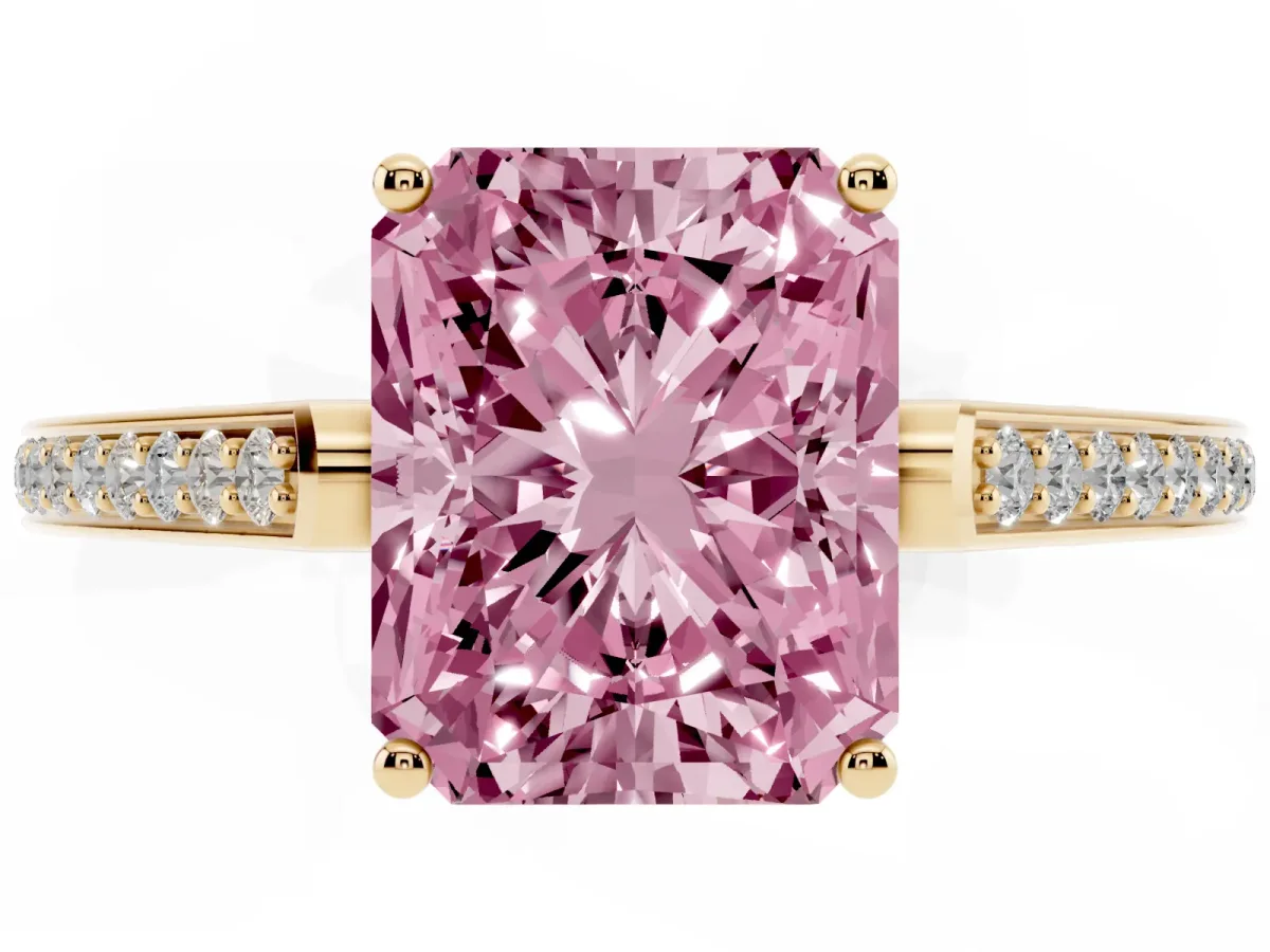 Fancy Pink Radiant Cut Cut Cathedral Pave Diamond Engagement Ring with Six-Prong Setting Yellow gold