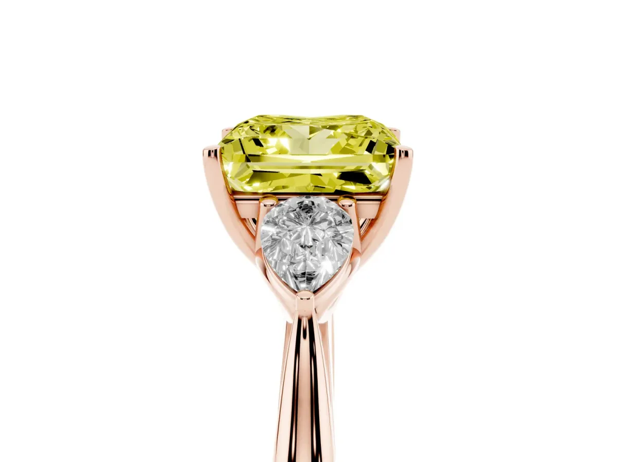 Fancy Yellow Three-Stone Princess Cut Diamond Ring with Pear Side Stones in Four-Prong Setting Rose gold