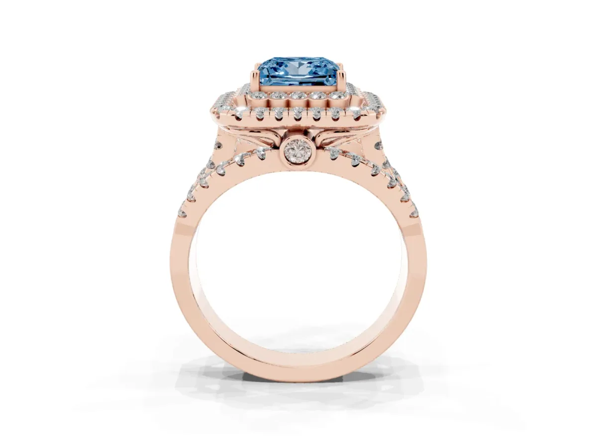 Fancy Blue Princess Cut Diamond Double Halo Ring with Round Pavé Split Shank and Prong Setting Rose gold