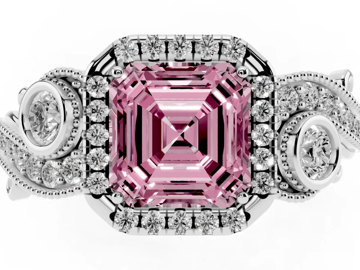 Fancy Pink Asscher Cut Halo Diamond Ring with Milgrain and Bezel Accents on a Split Shank Band Platinum