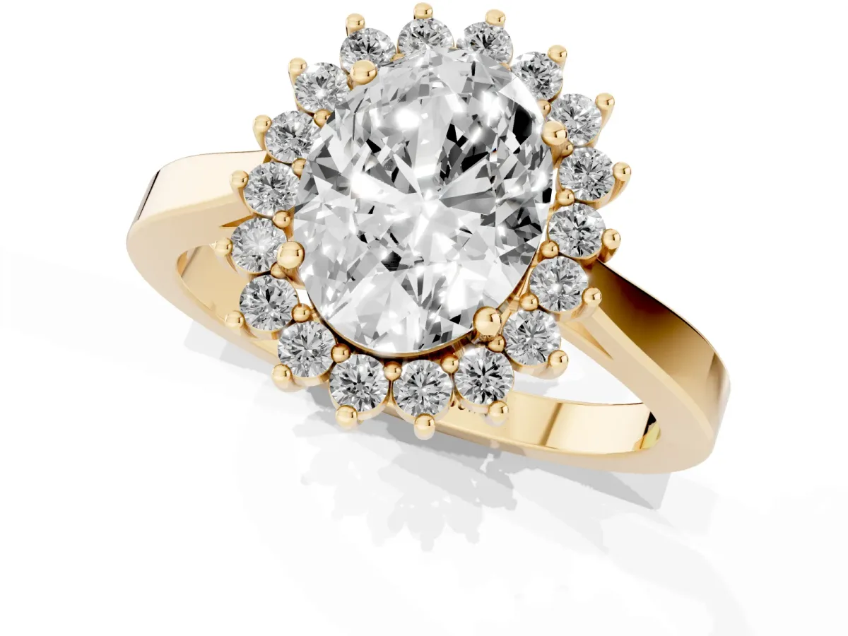 Oval Cut Cut Diamond Halo Ring with Round Brilliant Halo and Solitaire Band Yellow gold
