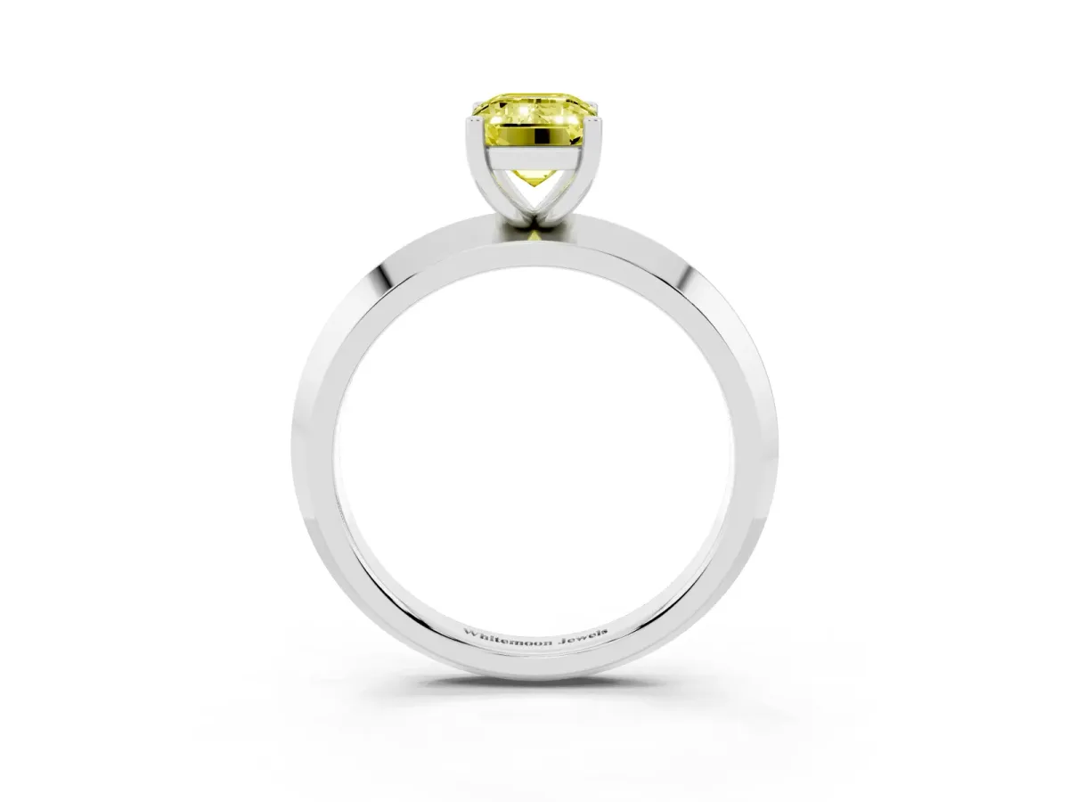 Fancy Yellow Emerald Cut Cut Solitaire Engagement Ring with Flat Band and Four-Prong Setting Silver