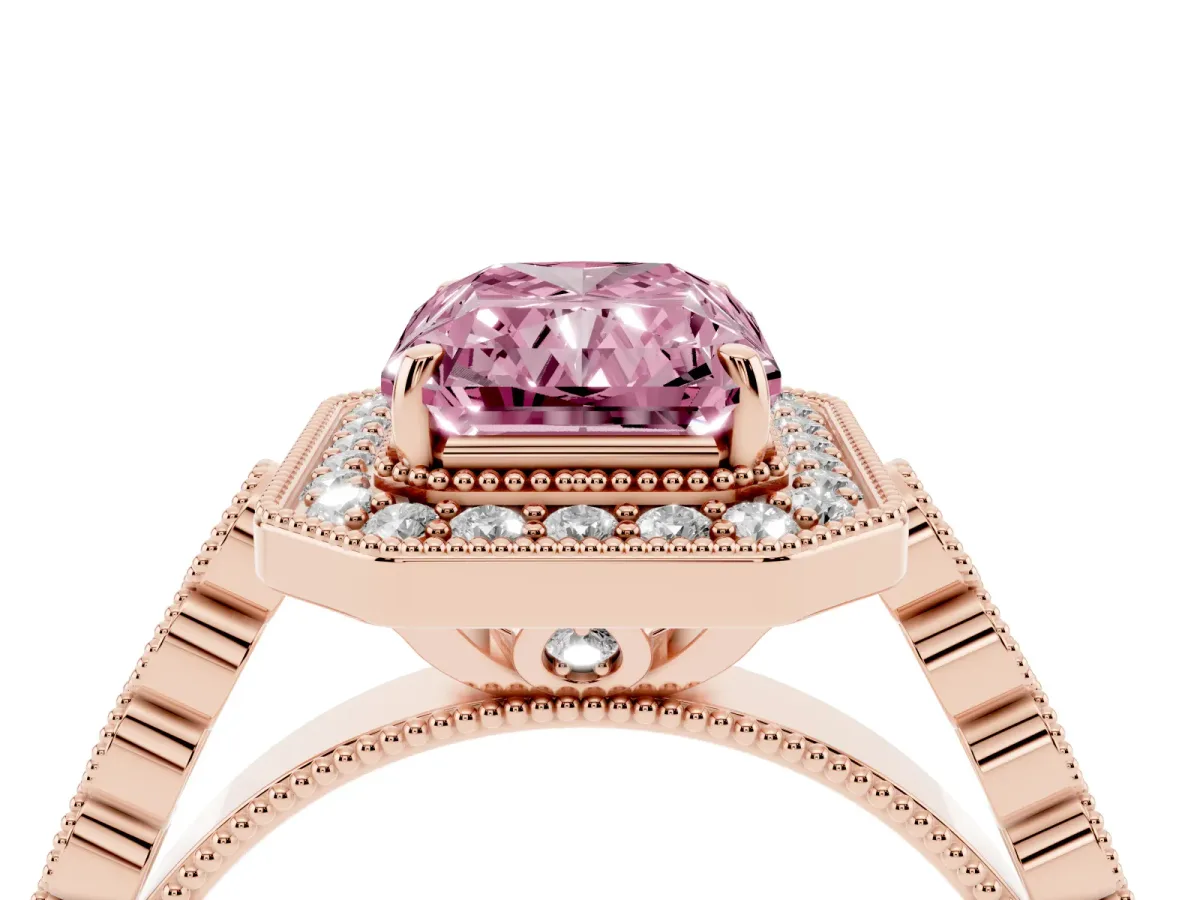 Fancy Pink Radiant Cut Halo Milgrain Solitaire with Bezel Set Side Stones and Pave Band Rose gold