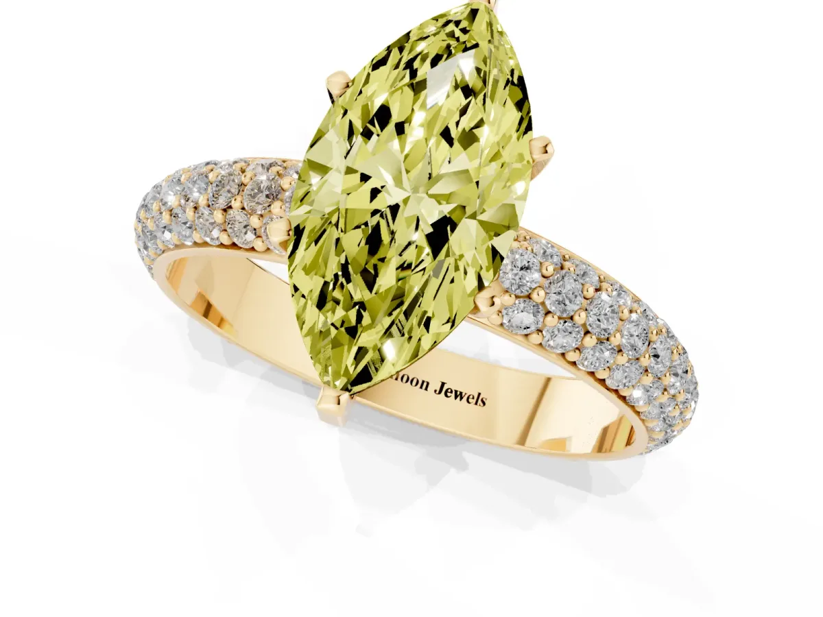 Fancy Yellow Marquise Cut Diamond Solitaire Ring with Prong Setting and Pavé Band Yellow gold
