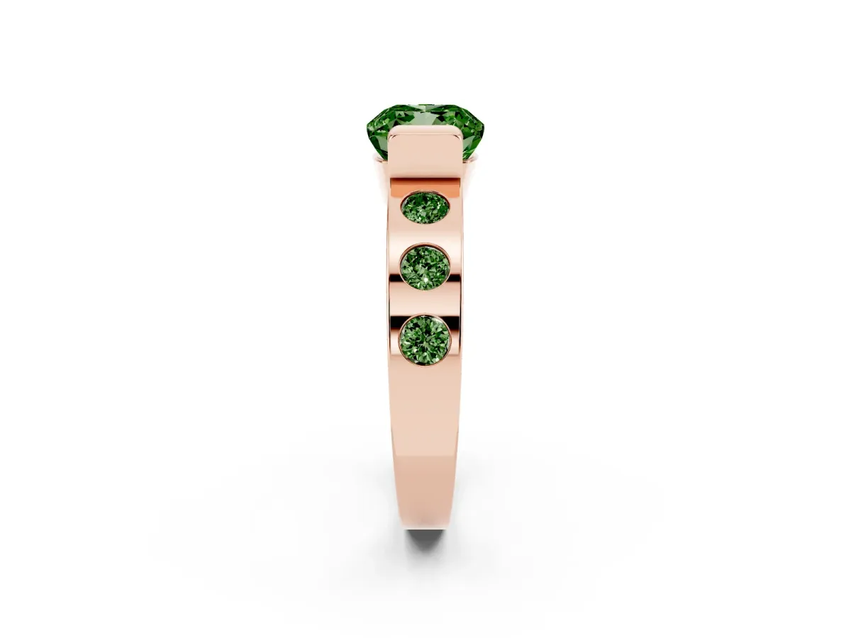 Fancy Green Cushion Cut Brilliant Channel-Set Diamond Ring with Bezel Prong Setting Rose gold