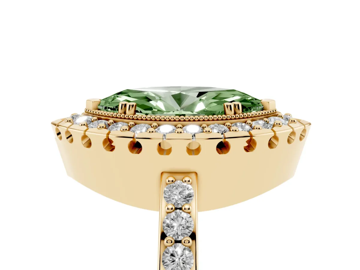 Fancy Green Marquise Cut Diamond Halo Ring with Pavé Band and Prong Setting Yellow gold