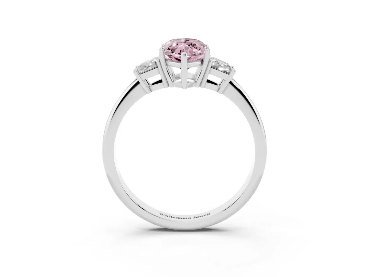 Fancy Pink Marquise Cut Diamond Three-Stone Ring with Trapezoid Side Stones and Prong Setting Silver