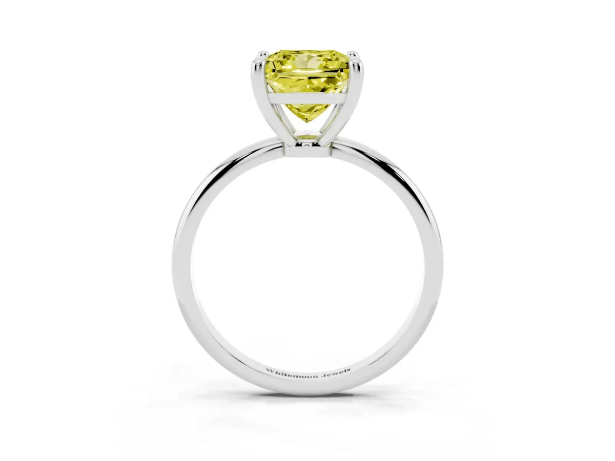 Fancy Yellow Princess Cut Solitaire Diamond Ring with 4-Prong Setting on a Classic Band Silver