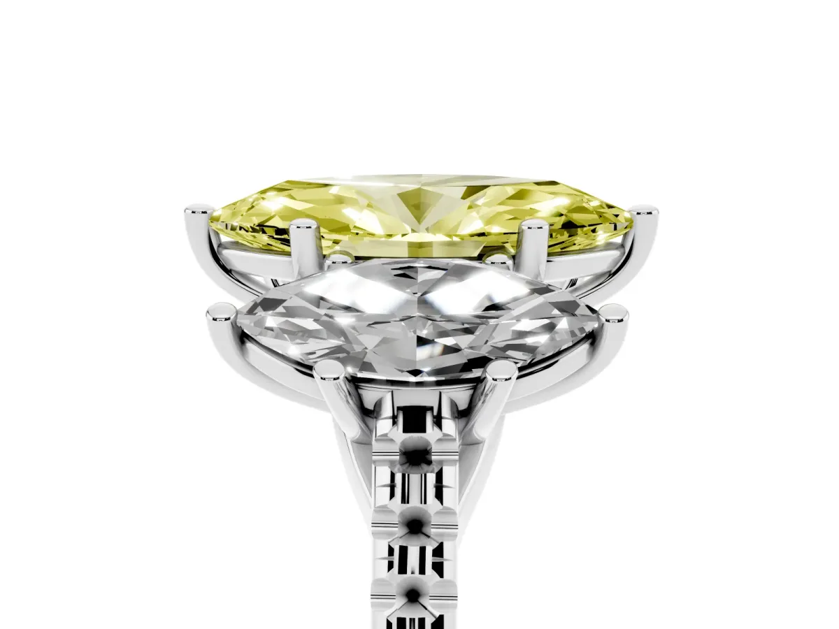 Fancy Yellow Three-Stone Marquise Cut Diamond Ring with Round Pavé Band and Prong Setting Silver