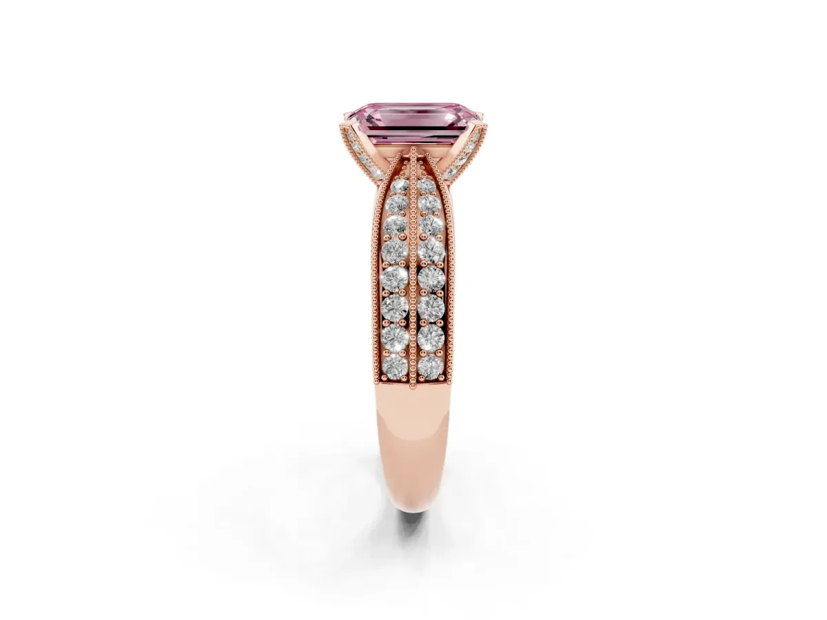 Fancy Pink Emerald Cut Diamond Solitaire Ring with Milgrain Round Pavé Band and Prong Setting Rose gold