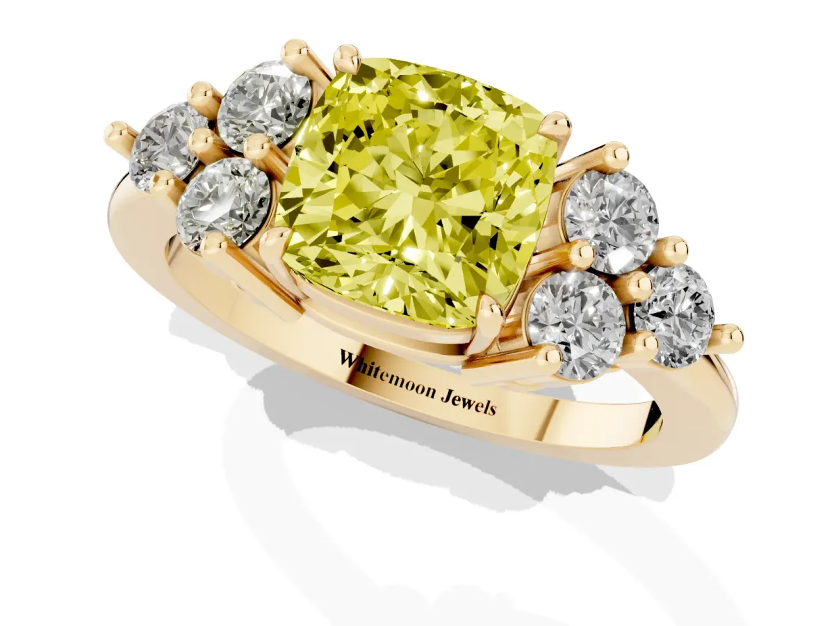 Fancy Yellow Cushion Cut Brilliant Diamond Cluster Accent Solitaire Ring with Prong Setting Yellow gold