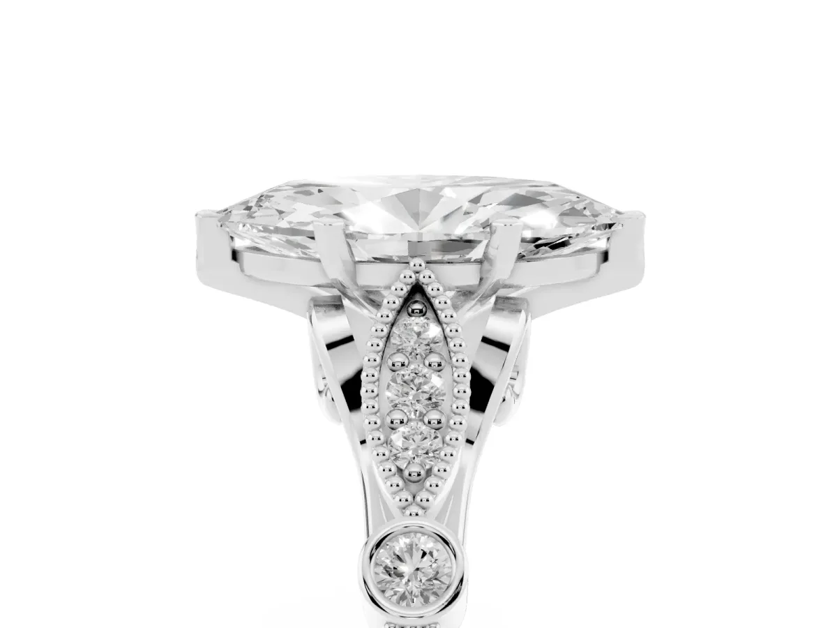 Marquise Cut Cut Diamond with Milgrain Marquise and Bezel Accents on a Solitaire Band with Prong Setting Silver