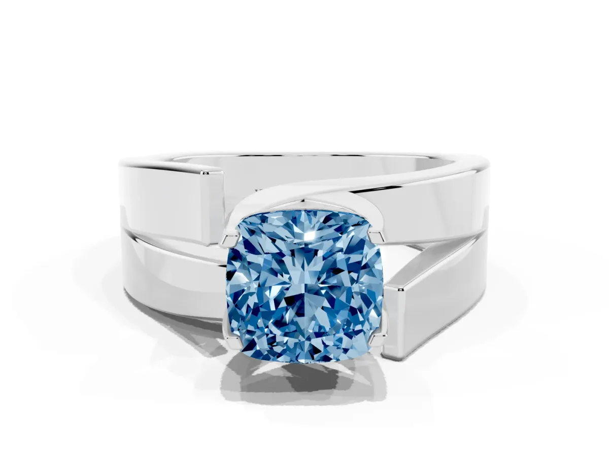 Fancy Blue Modern Tension Set Cushion Cut Diamond Solitaire Wide Band Ring Silver