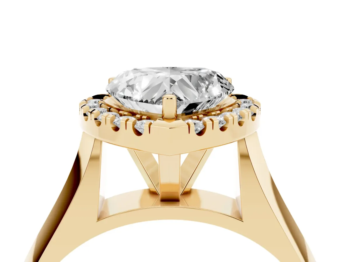 Heart Cut Cut Halo Solitaire Engagement Ring with Square Band and Four-Prong Setting Yellow gold
