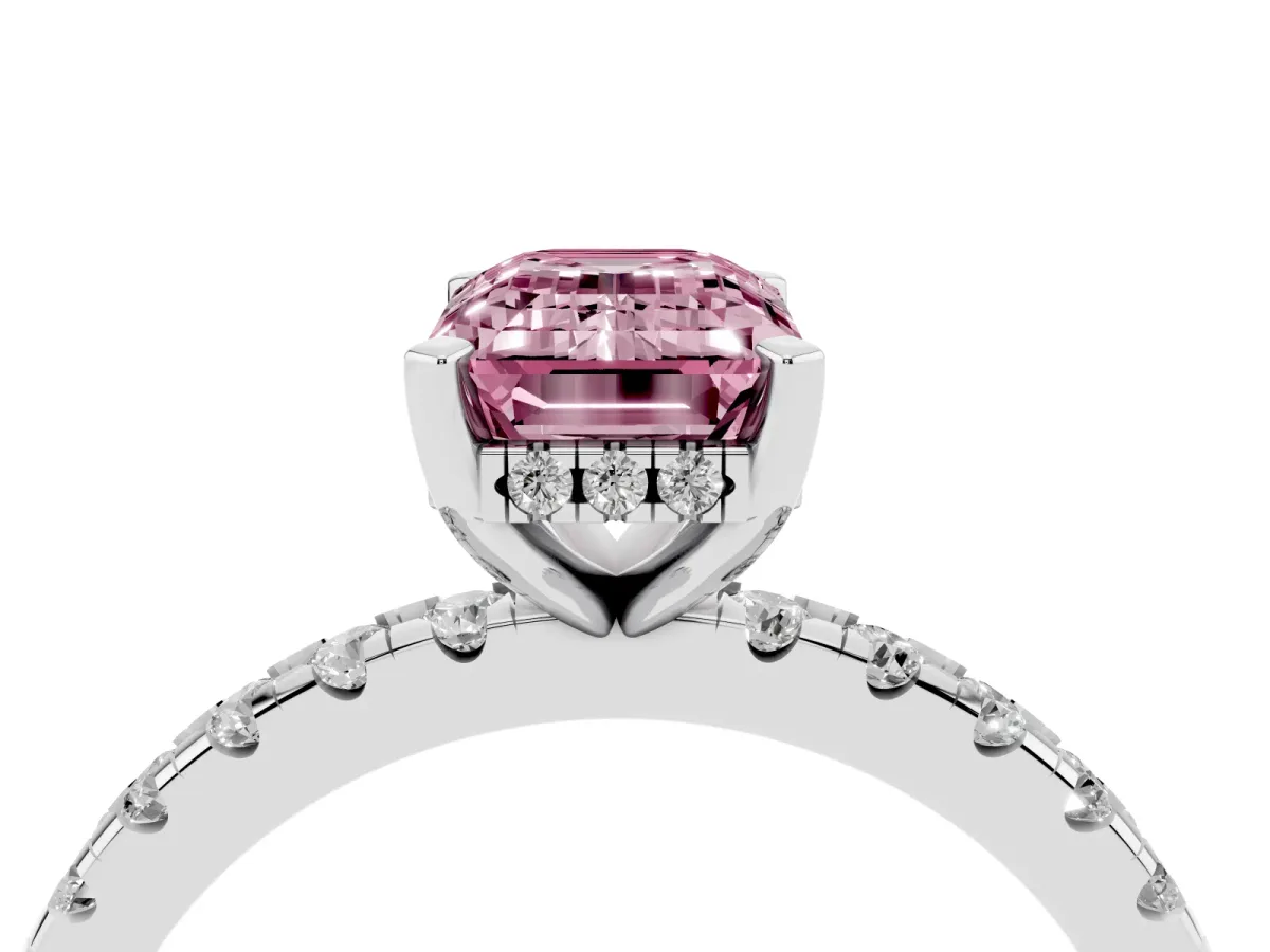 Fancy Pink Emerald Cut Diamond Solitaire Ring with Round Pavé Band and Four-Prong Setting Silver