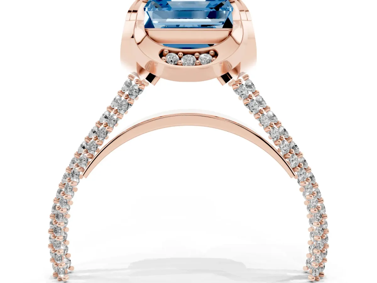 Fancy Blue Asscher Cut Solitaire Pave Split Shank Ring with Four-Prong Setting Rose gold