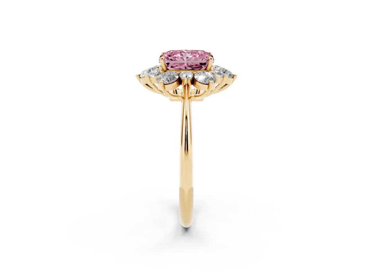 Fancy Pink Radiant Cut Diamond Cluster Halo Ring with Solitaire Band and Four-Prong Setting Yellow gold