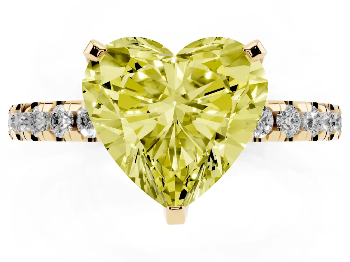 Fancy Yellow Heart Cut Diamond Solitaire Ring with Round Pavé Band and Four-Prong Setting Yellow gold
