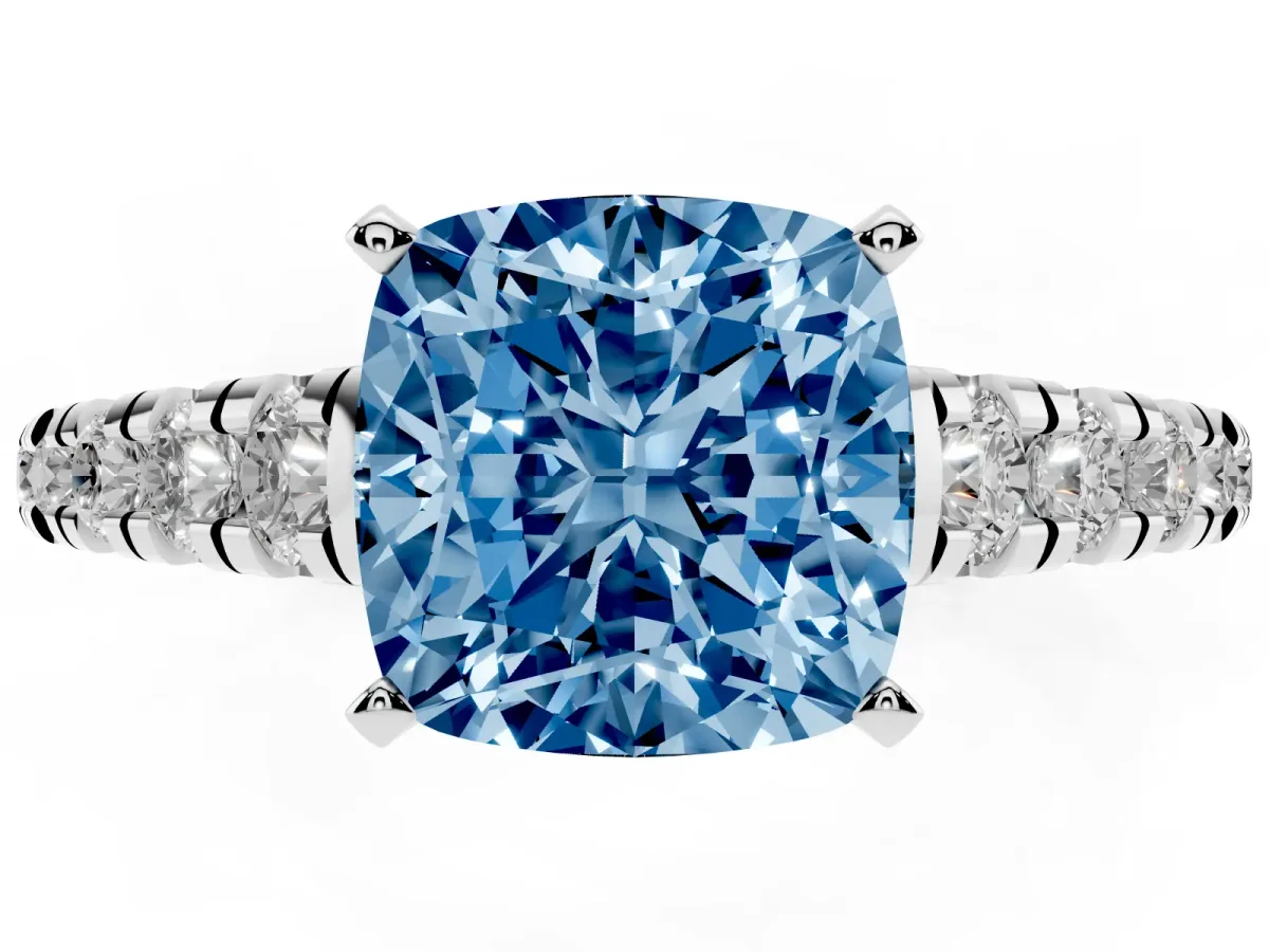 Fancy Blue Cushion Cut Diamond Cathedral Solitaire Ring with Round Pavé Band Silver