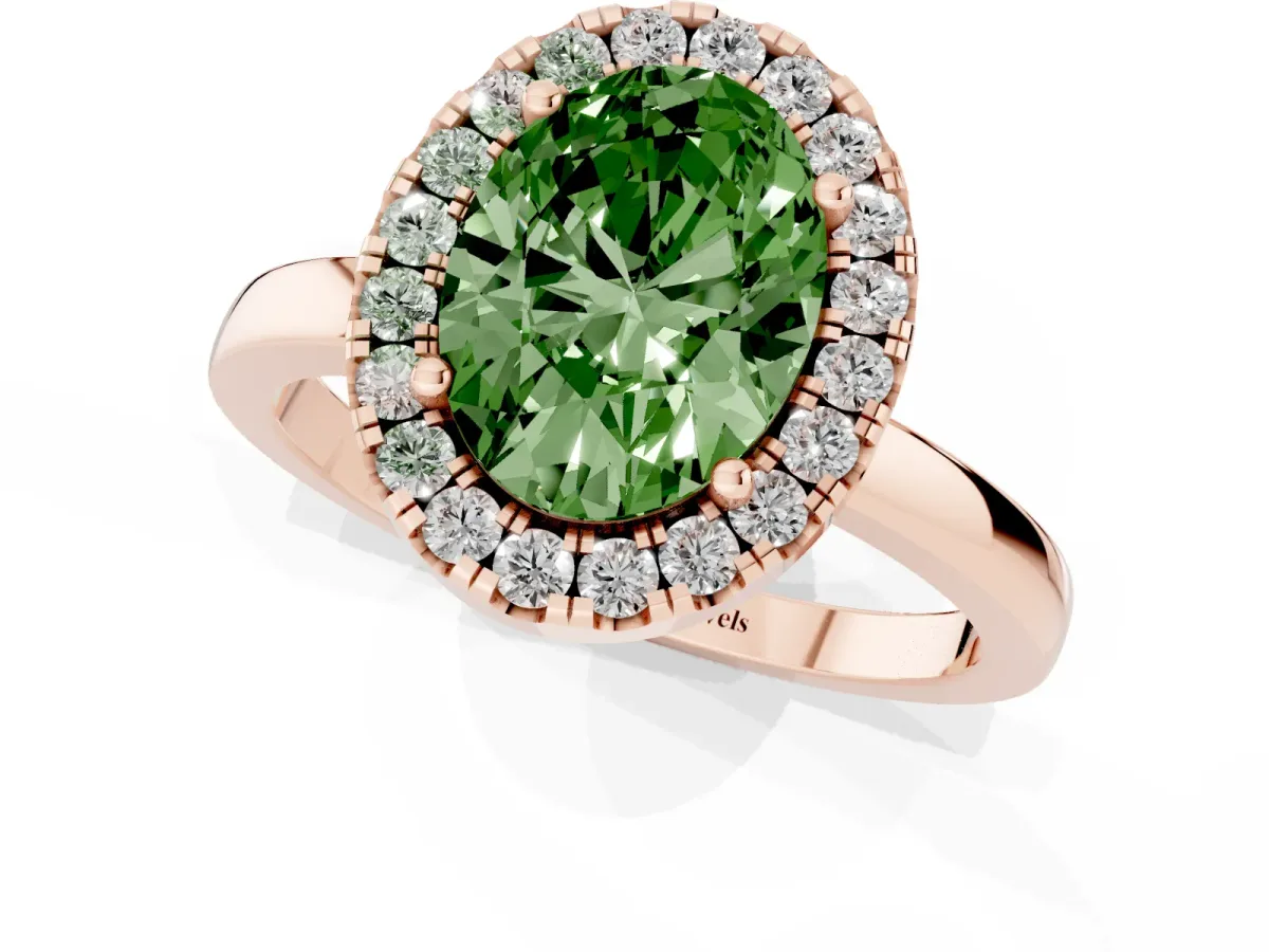 Fancy Green Oval Cut Halo Diamond Solitaire with Pavé Band and Four-Prong Setting Rose gold