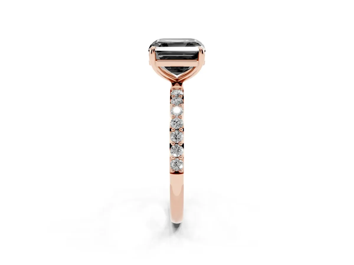Fancy Black Asscher Cut Diamond Solitaire Ring with Round Pavé Band and Prong Setting Rose gold