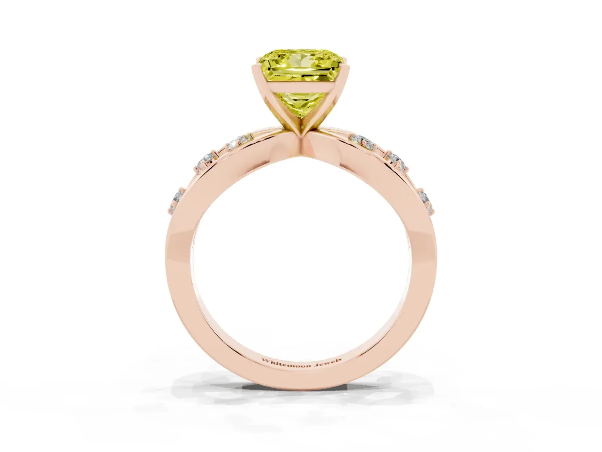 Fancy Yellow Princess Cut Cut Solitaire Diamond with Side Stones on Criss-Cross Band and Four-Prong Setting Rose gold