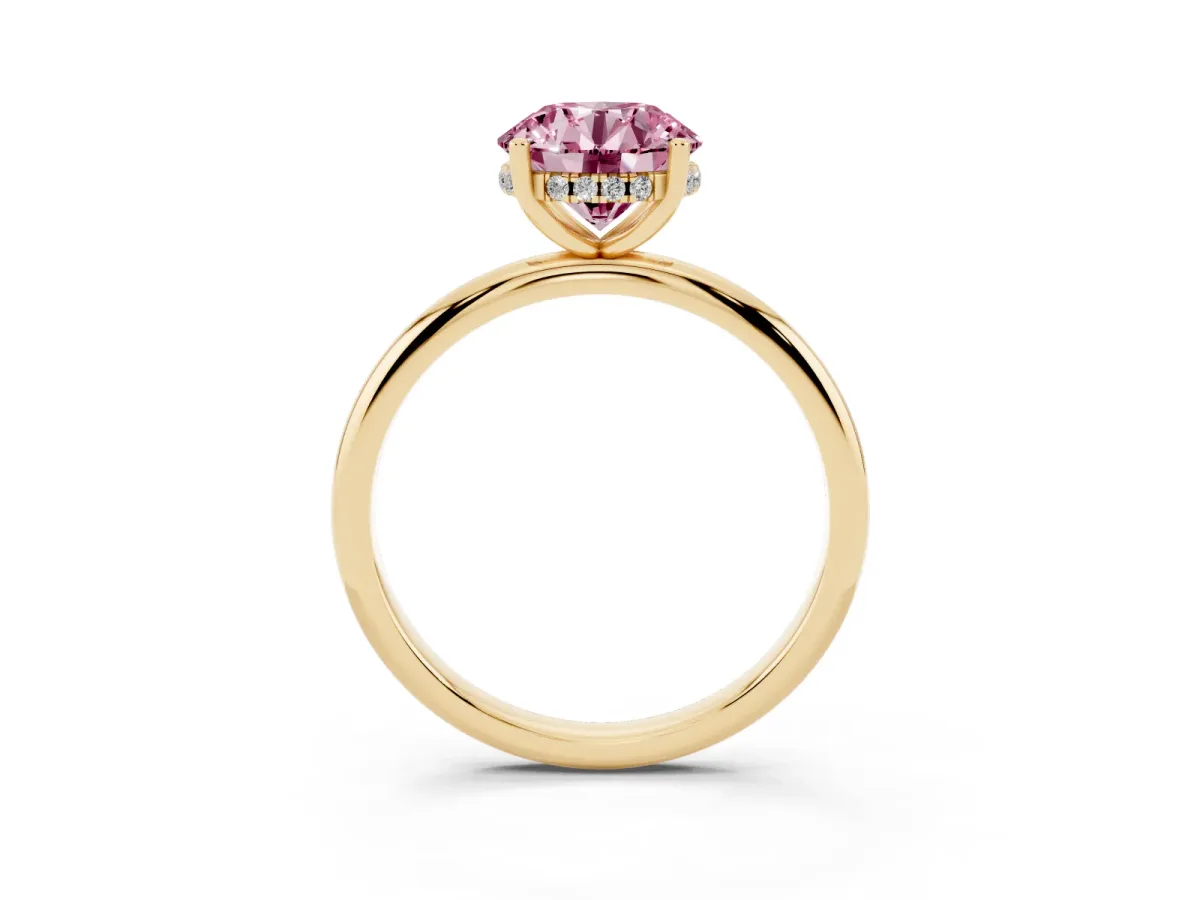 Fancy Pink Round Cut Cut Solitaire Engagement Ring with Four-Prong Setting and Classic Band Yellow gold
