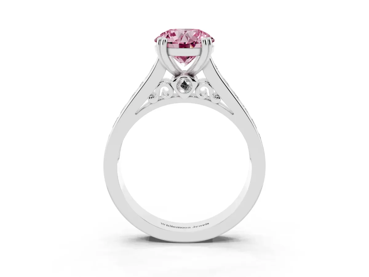 Fancy Pink Round Cut Cut Channel Set Solitaire Engagement Ring with Prong Setting Platinum