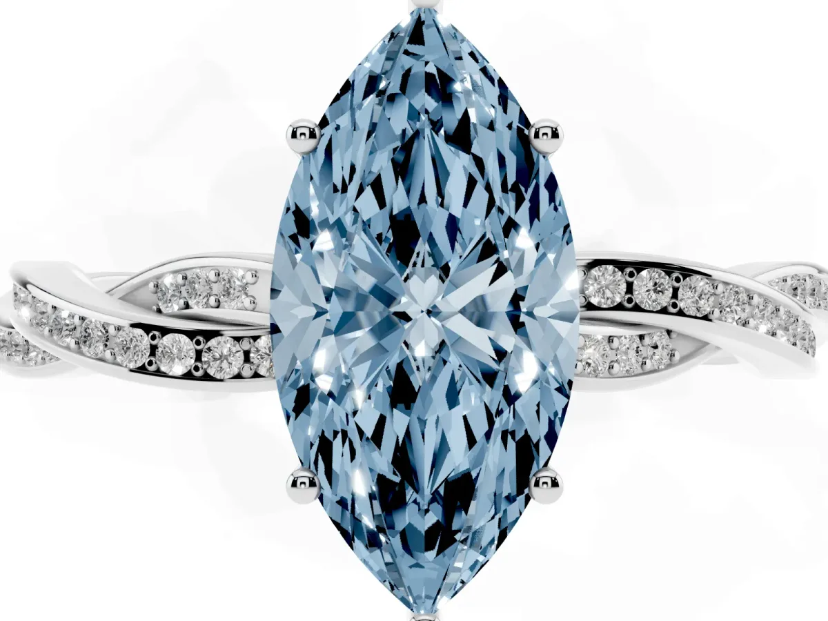 Fancy Blue Marquise Cut Solitaire Twisted Pave Diamond Ring with Four-Prong Setting Silver