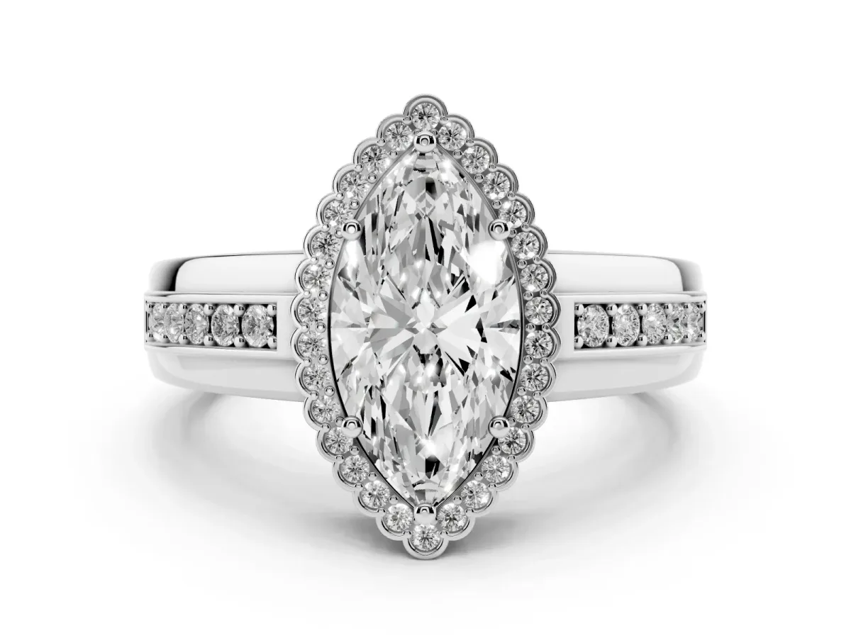Marquise Cut Cut Halo Pave Band Four-Prong Ring White gold
