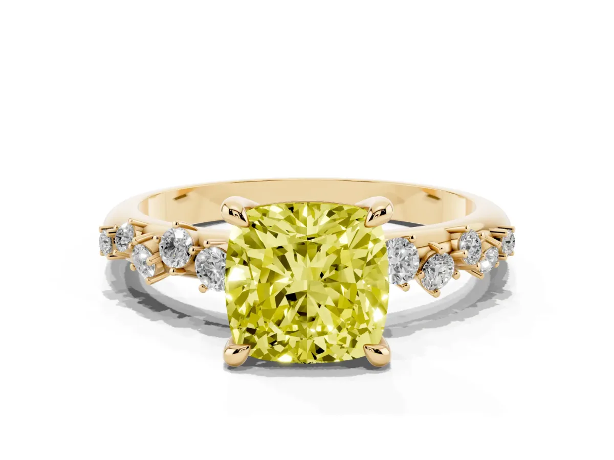 Fancy Yellow Cushion Cut Cut Diamond Vine Band with Four-Prong Setting Yellow gold
