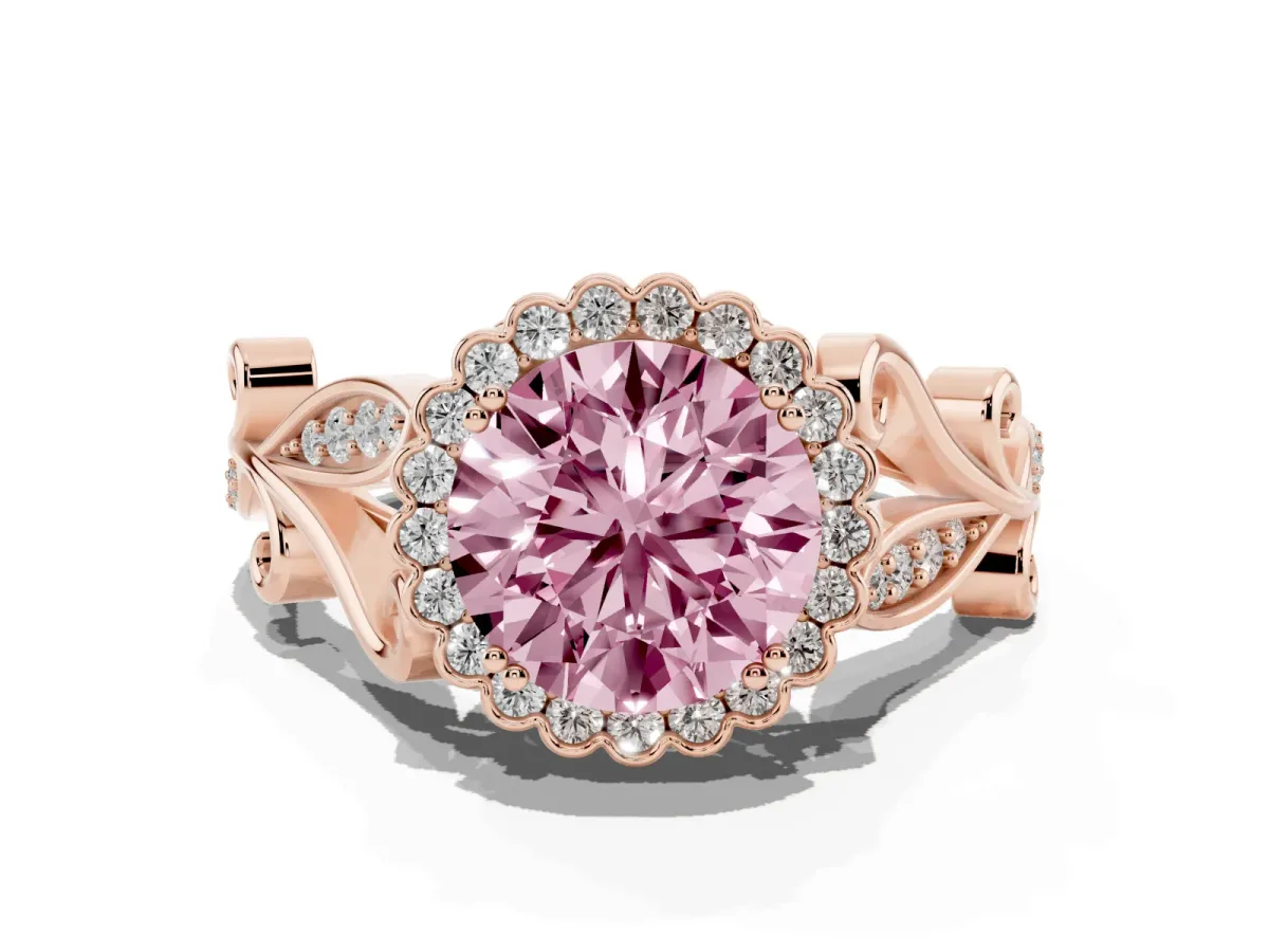 Fancy Pink Round Cut Diamond Halo Ring with Vintage Split Shank and Four-Prong Setting Rose gold