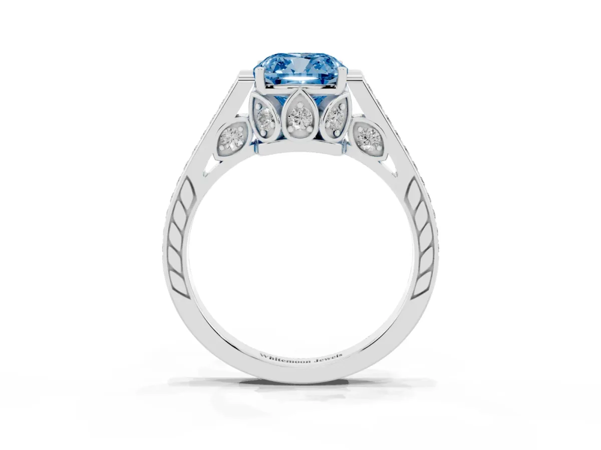 Fancy Blue Cushion Cut Cut Cathedral Pave Diamond Engagement Ring with Six-Prong Setting Silver