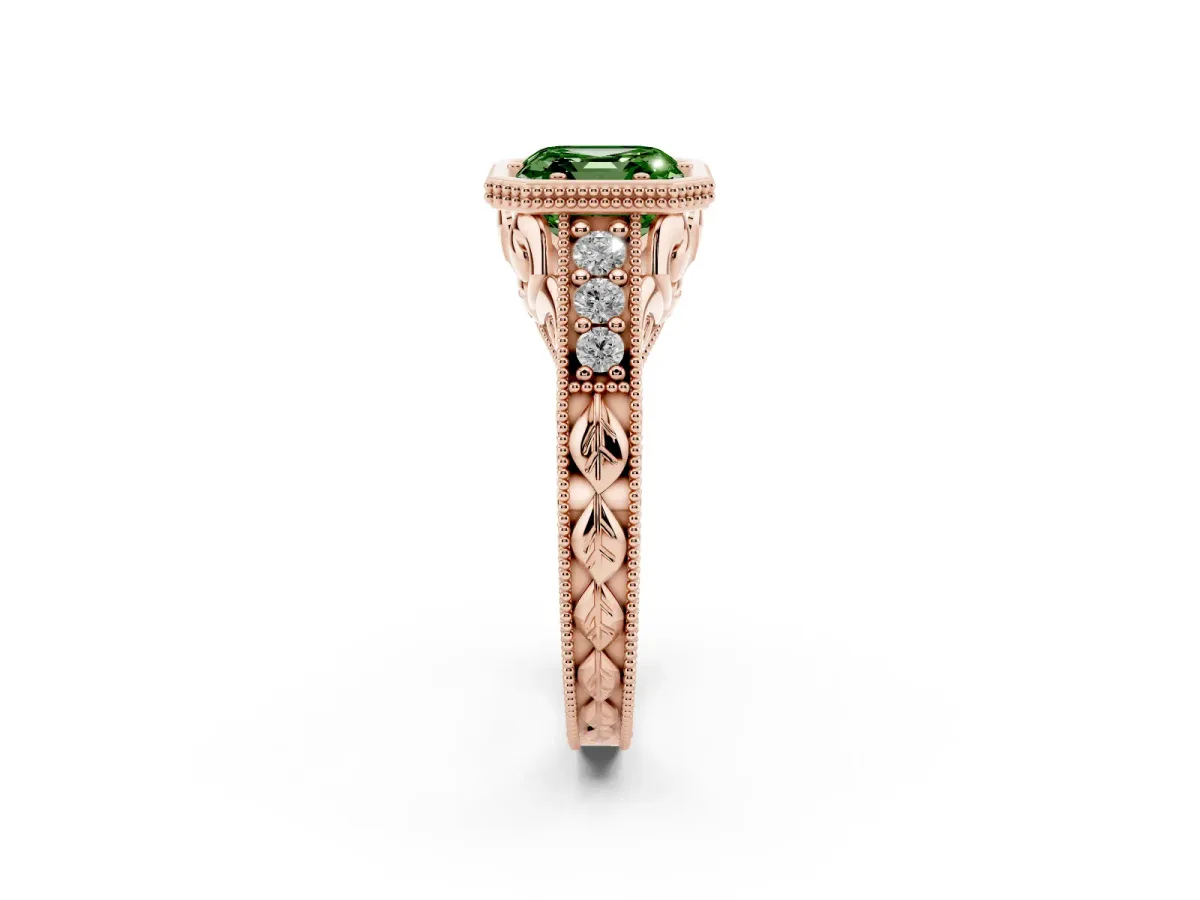 Fancy Green Bezel Set Asscher Cut Diamond Milgrain Pave Engagement Ring Rose gold