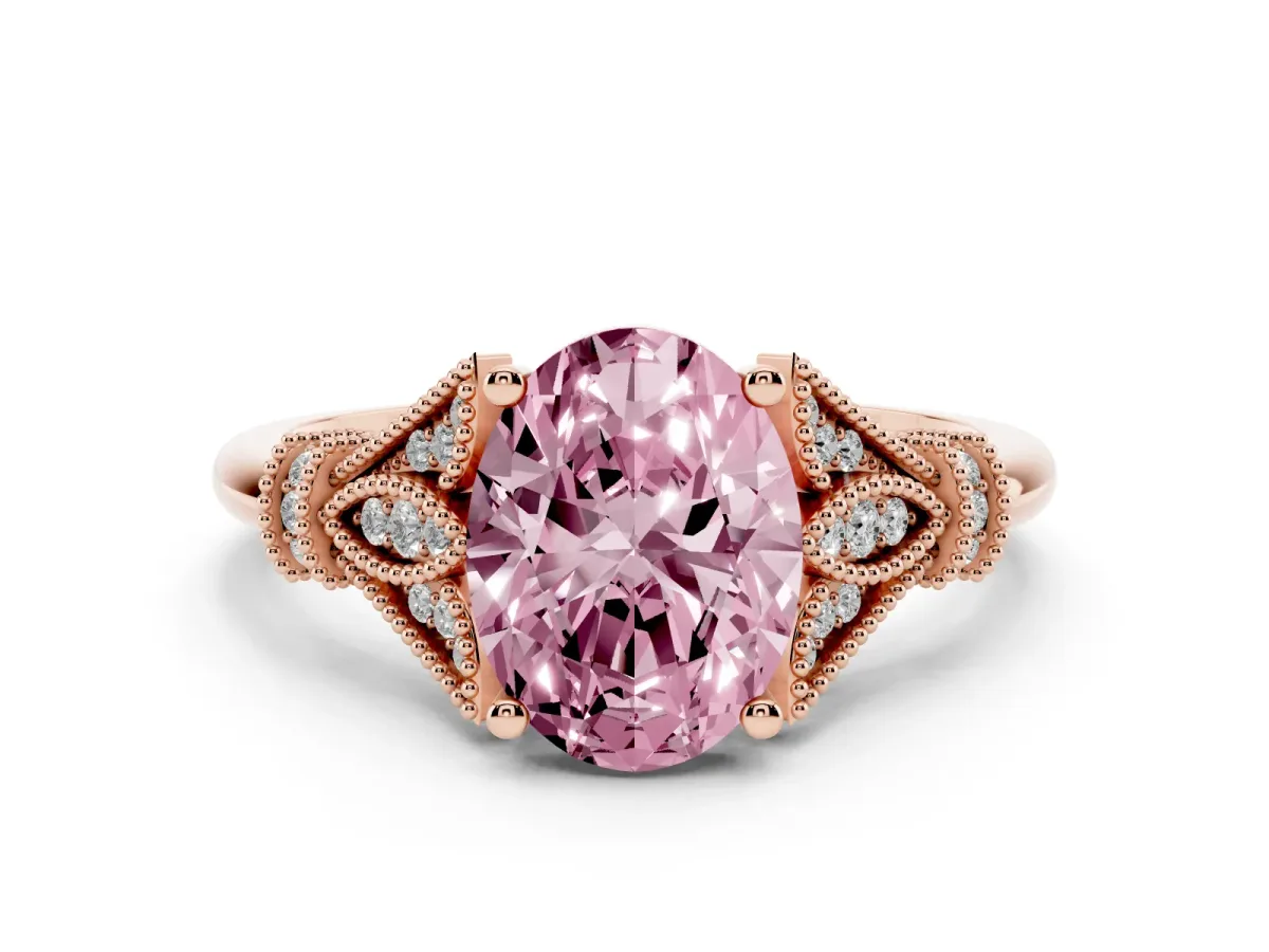 Fancy Pink Oval Cut Diamond Solitaire Ring with Floral Filigree and Pave Accents Rose gold