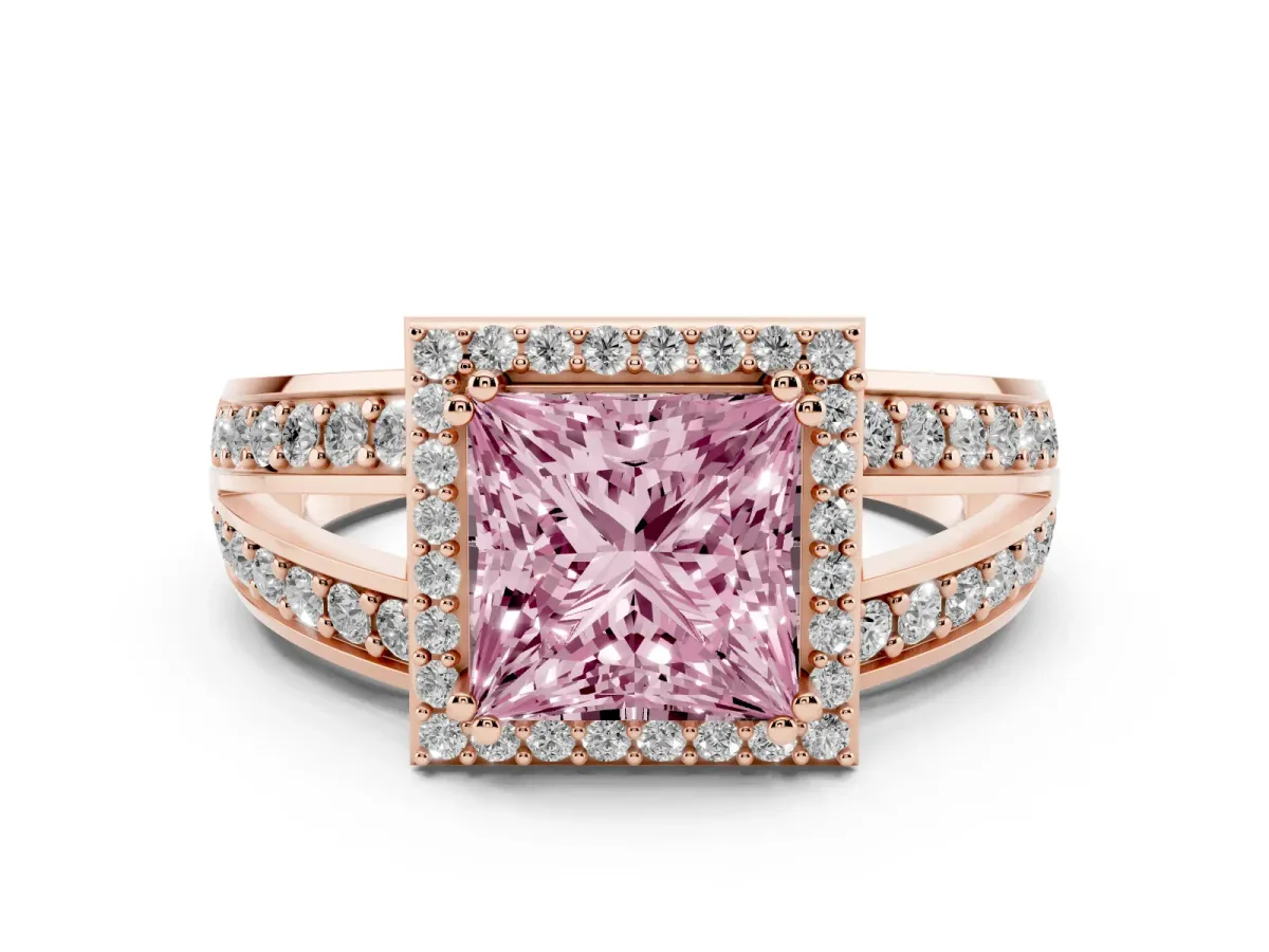 Fancy Pink Princess Cut Diamond Halo Ring with Split Shank Pavé Band and Four-Prong Setting Rose gold