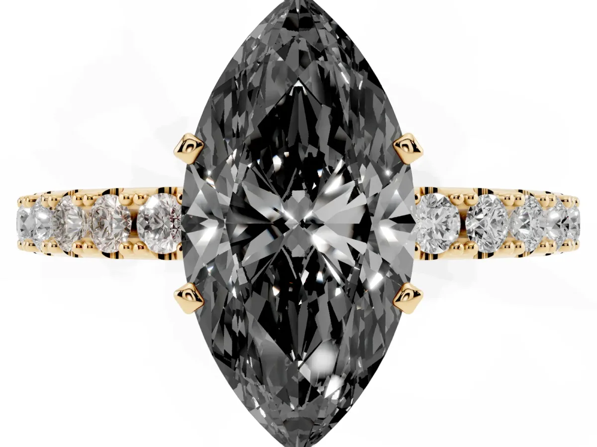 Fancy Black Marquise Cut Diamond Solitaire Pavé Band with Four-Prong Setting Yellow gold