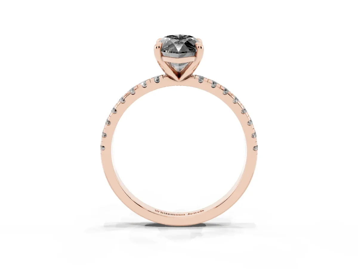 Fancy Black Marquise Cut Diamond Brilliant Solitaire Ring with Pavé Band and Four-Prong Setting Rose gold