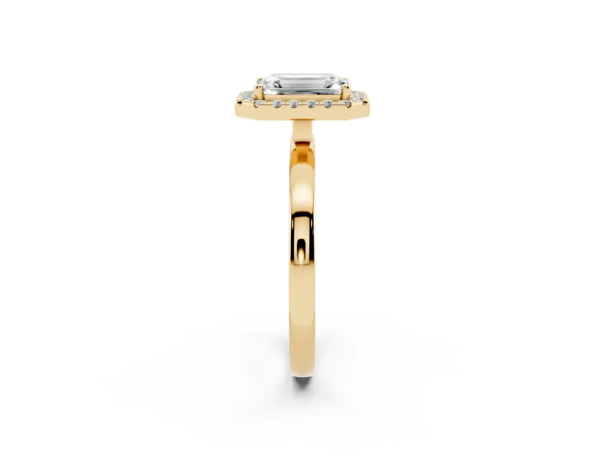 Emerald Cut Halo Diamond Solitaire with Pavé Band and Four-Prong Setting Yellow gold
