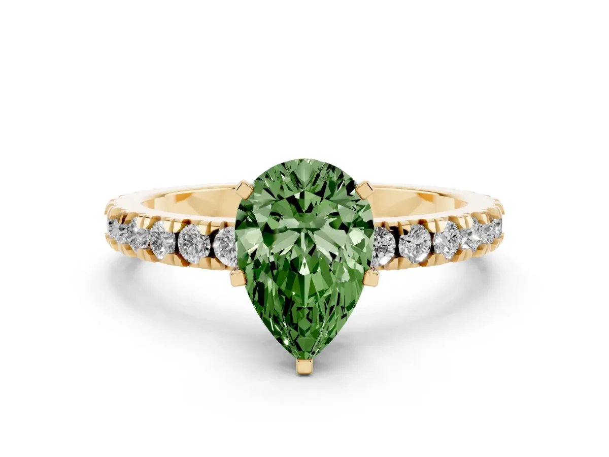 Fancy Green Pear Cut Diamond Pavé Band Solitaire with Four-Prong Setting Yellow gold