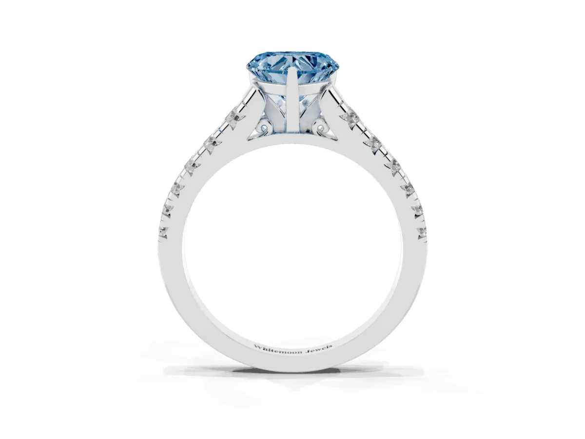 Fancy Blue Heart Cut Diamond Cathedral Solitaire Ring with Round Pavé Band Silver