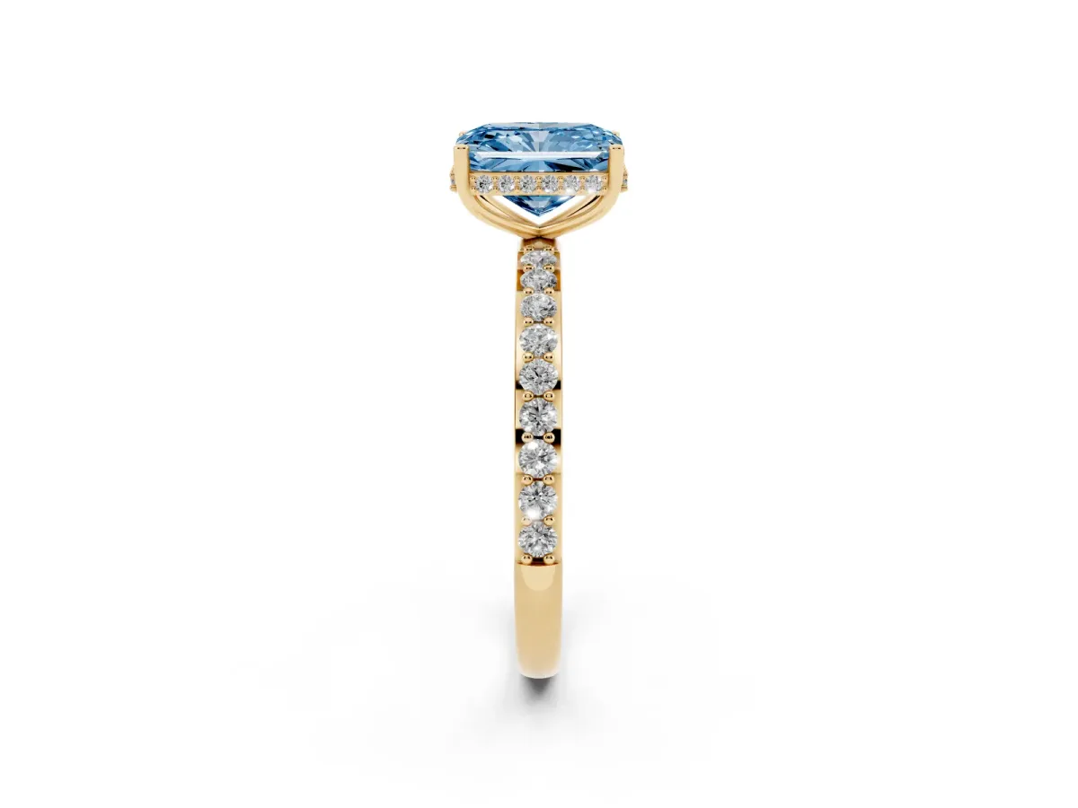 Fancy Blue Radiant Cut Diamond Solitaire Ring with Pavé Band and Hidden Halo Yellow gold