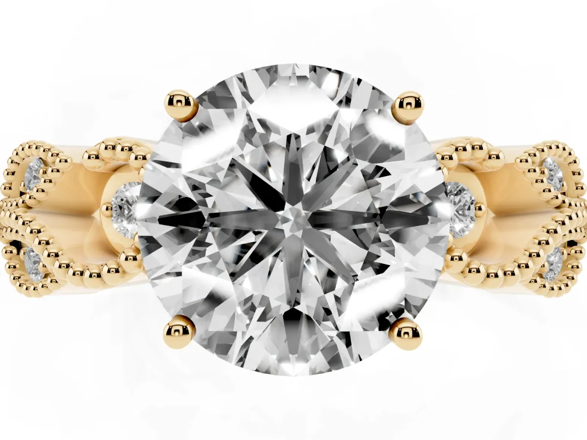 Round Cut Solitaire Milgrain Leaf Band with Prong Setting Yellow gold