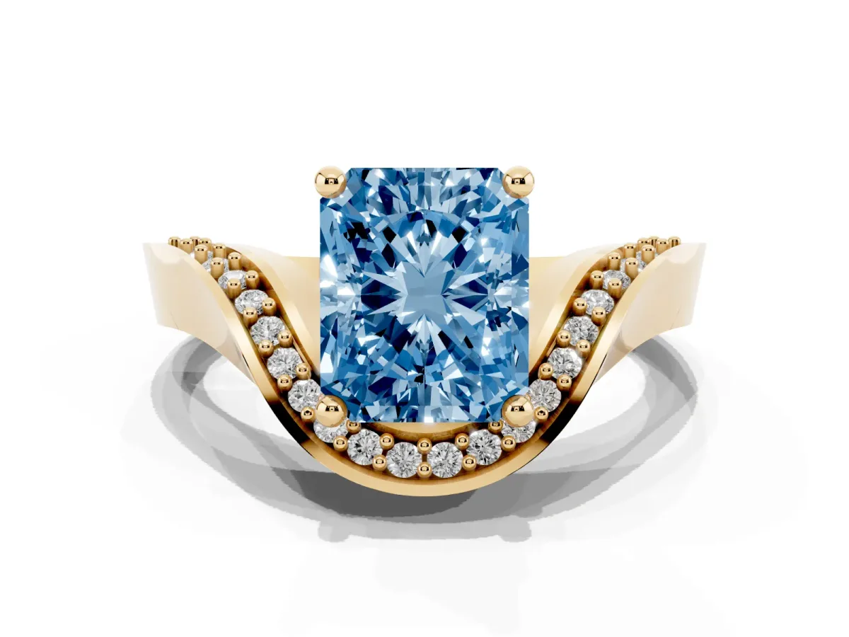 Fancy Blue Radiant Cut Solitaire Diamond Engagement Ring with Pave Band and Four-Prong Setting Yellow gold