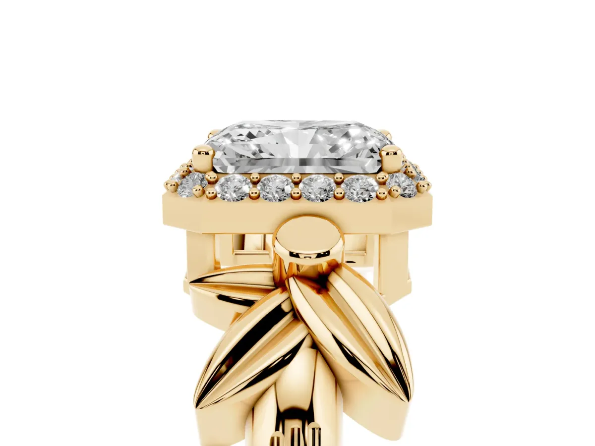 Radiant Cut Halo Diamond Floral Band with Four-Prong Setting Yellow gold