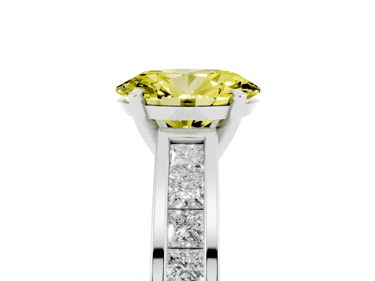 Fancy Yellow Oval Cut Solitaire Diamond Ring with Channel-Set Band and Four-Prong Setting Silver
